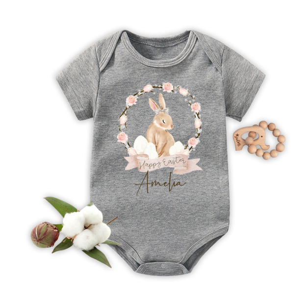 Brown Bunny Floral Wreath Bodysuit For Baby