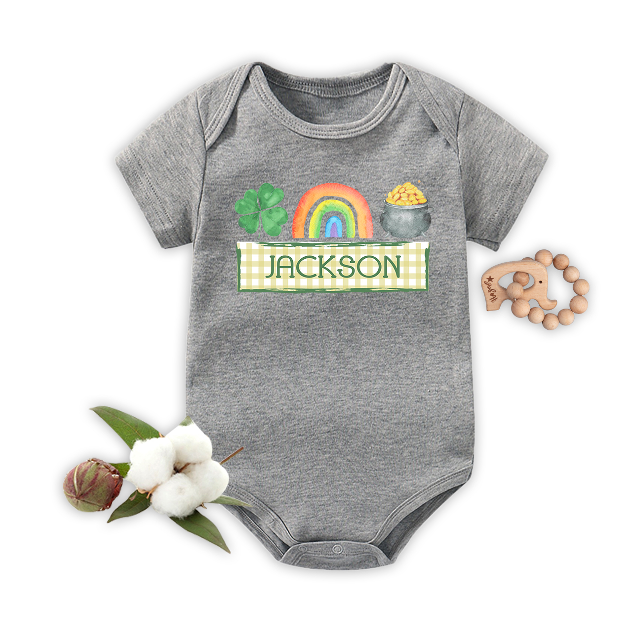 Personalized Clover Rainbow Heat Press St. Patrick's Day Baby Bodysuit