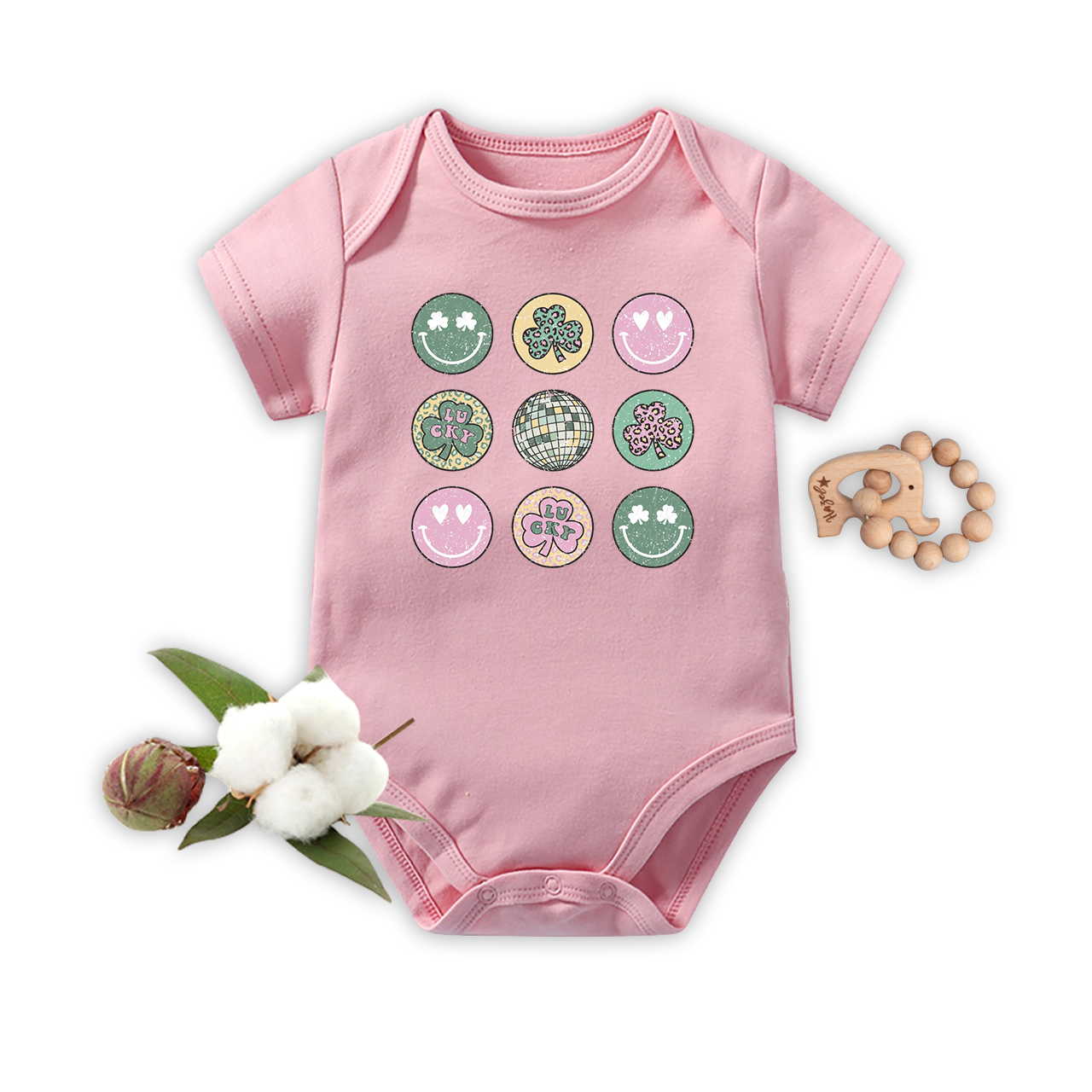 Retro St Patrick's Smiley Clover Disco Baby Bodysuit