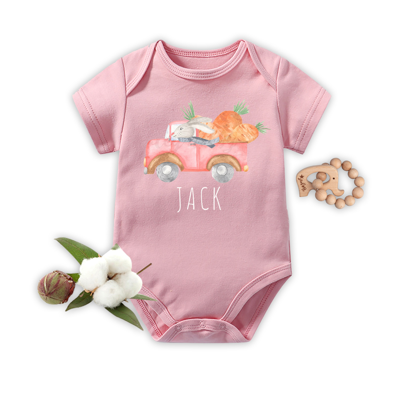 Personalized Watercolor Easter Bunny Truck With Carrots Bodysuit For B