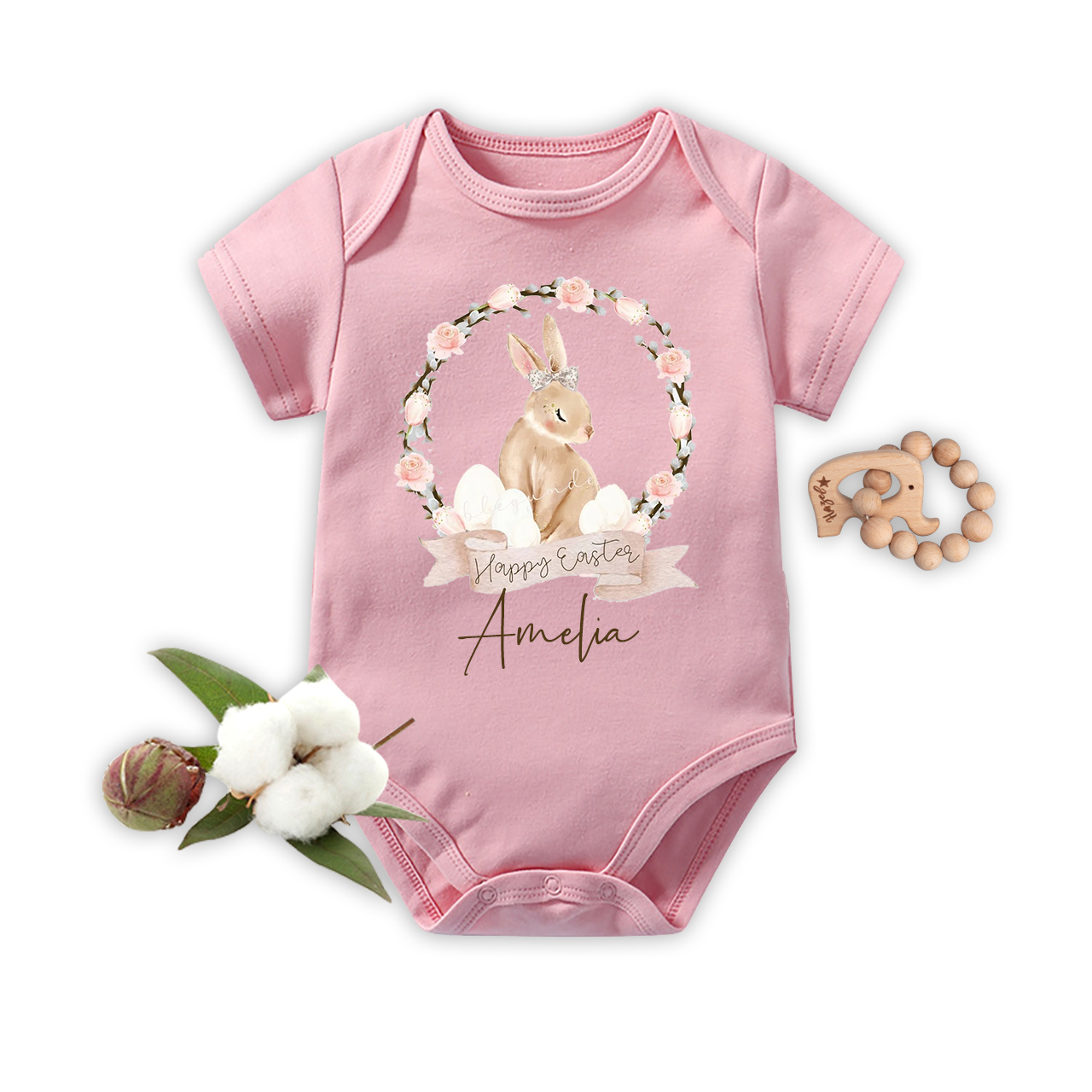 Brown Bunny Floral Wreath Bodysuit For Baby