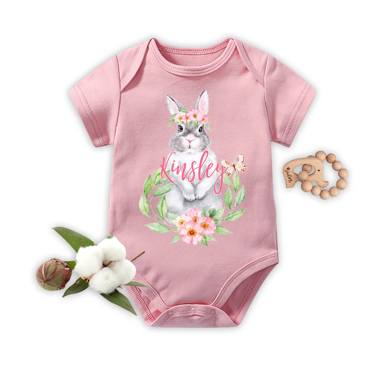 Pink&Green Bunny Easter Bodysuit For Baby
