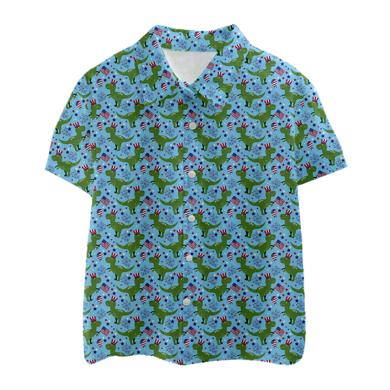 4th Of July Dinosaur Kids Button Shirt