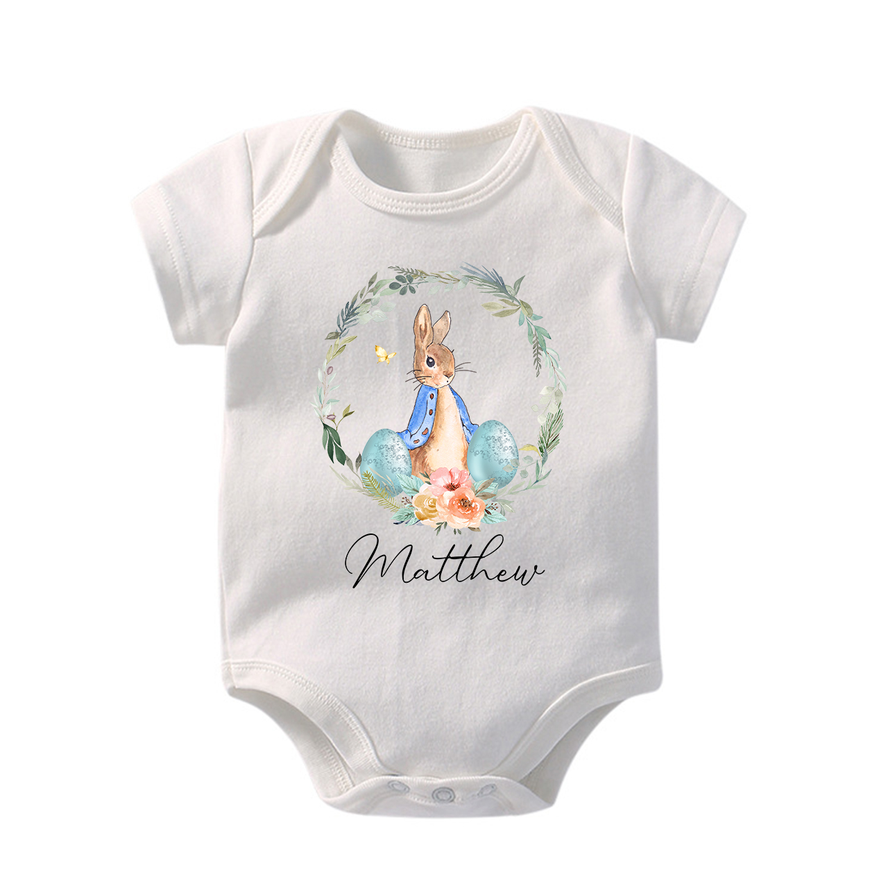 Peter Rabbit Easter Egg Floral Wreath Baby Bodysuit