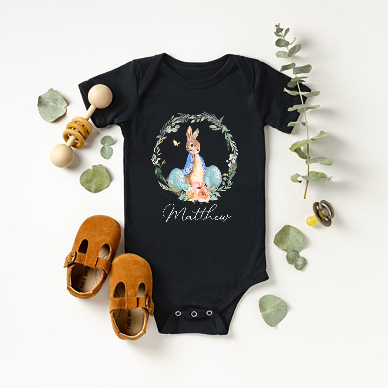 Peter Rabbit Easter Egg Floral Wreath Baby Bodysuit