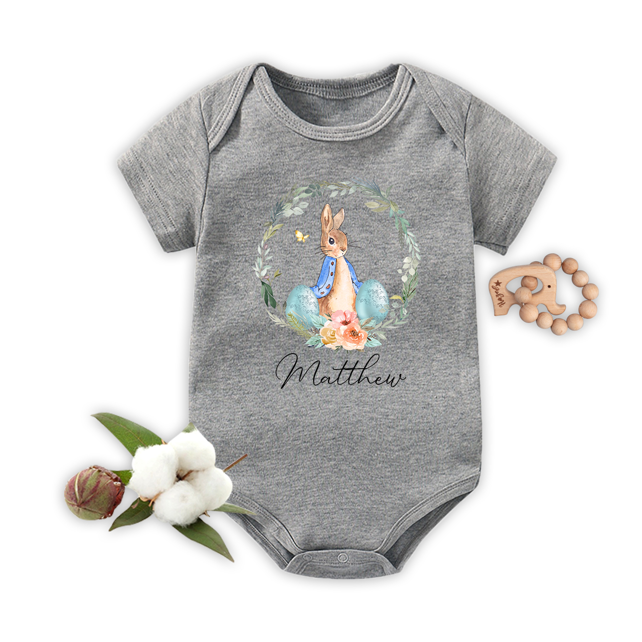 Peter Rabbit Easter Egg Floral Wreath Baby Bodysuit