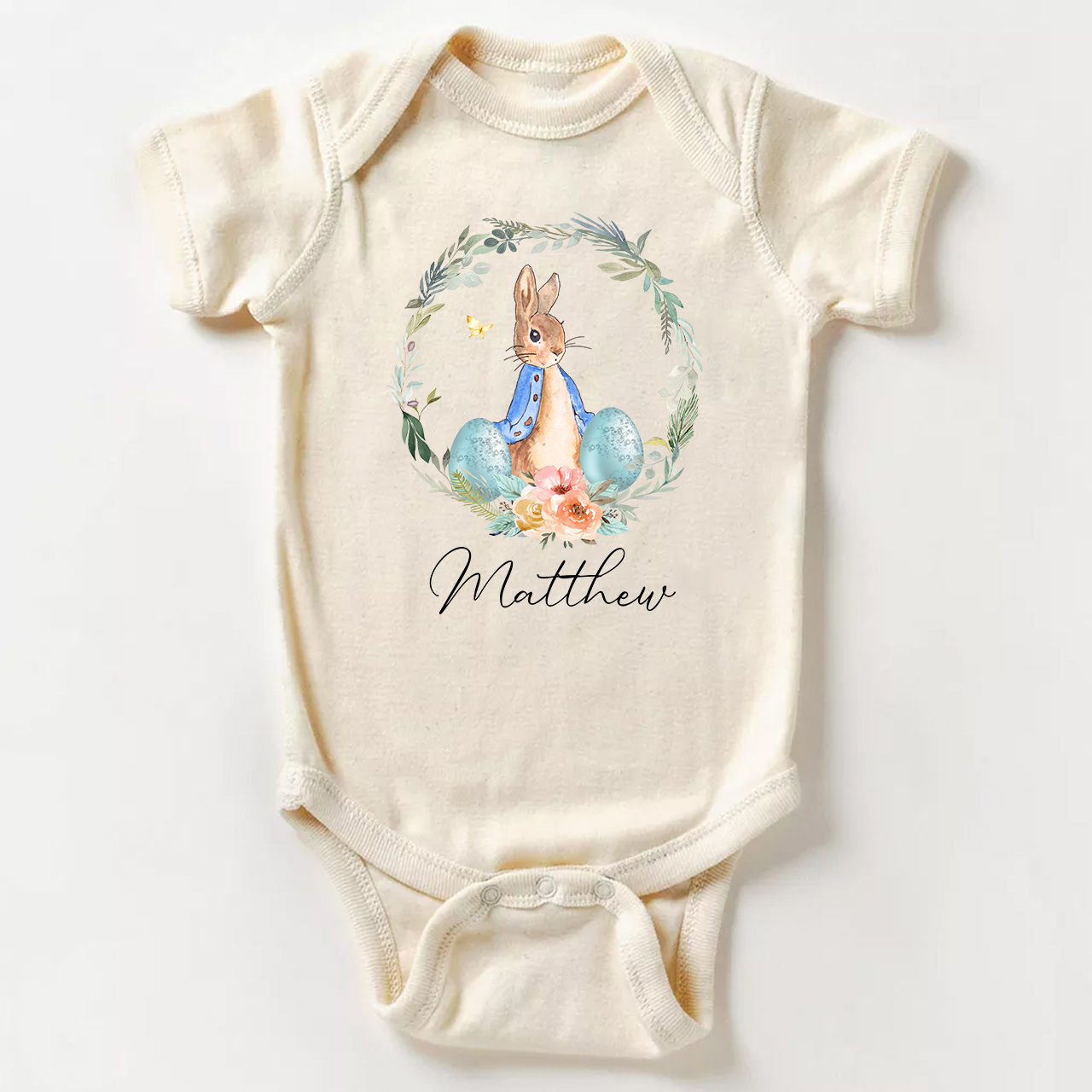 Peter Rabbit Easter Egg Floral Wreath Baby Bodysuit