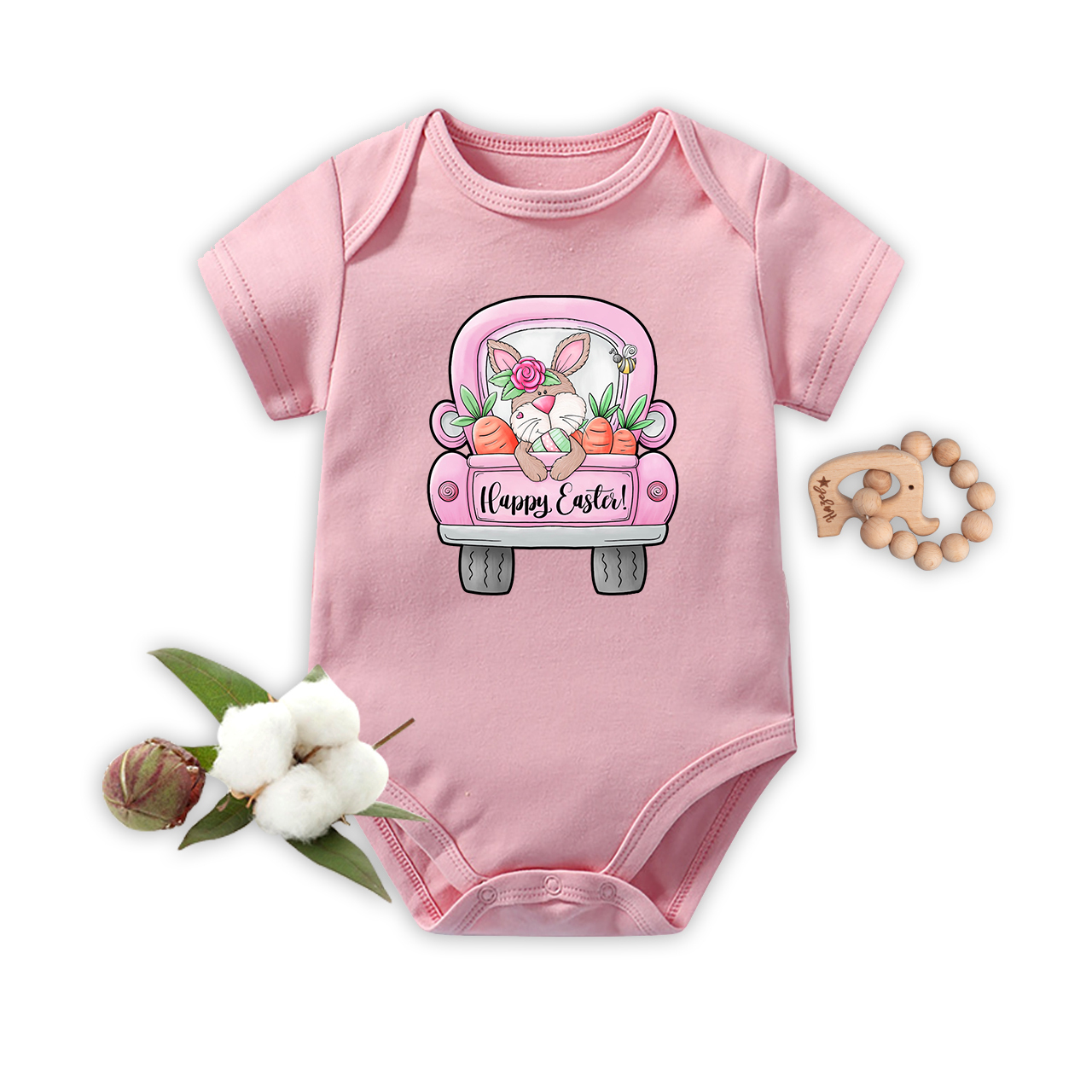 Happy Easter Bunny Heart And Truck Baby Bodysuit