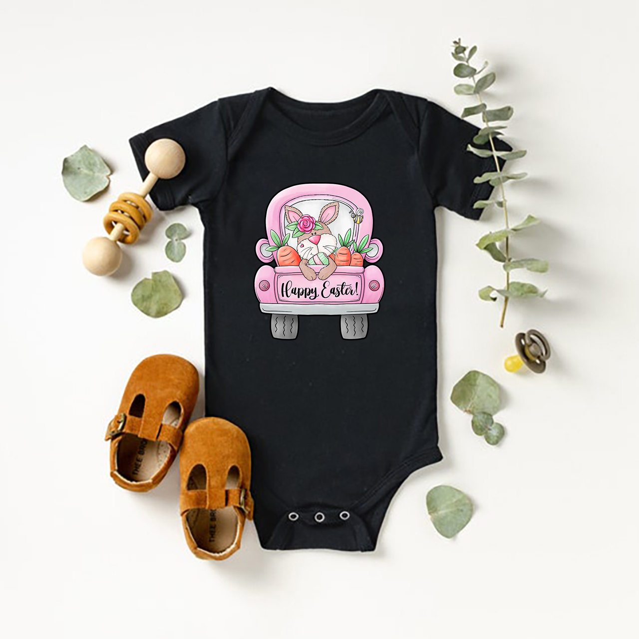 Happy Easter Bunny Heart And Truck Baby Bodysuit