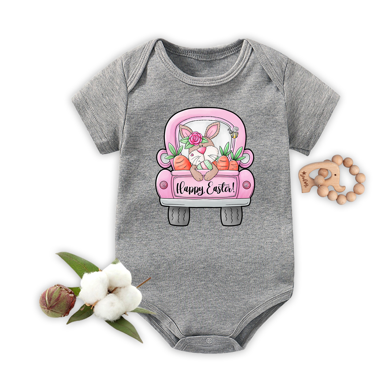 Happy Easter Bunny Heart And Truck Baby Bodysuit