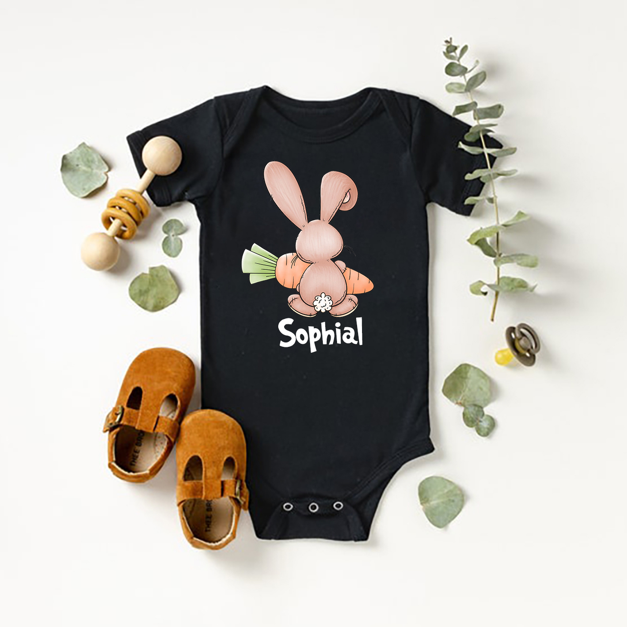 Personalized Bunny Rabbit Back Side With Carrot Baby Bodysuit