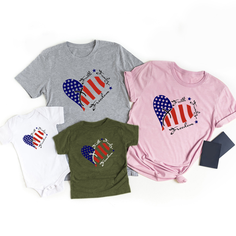  Faith Family Freedom Heart Independence Day Family Matching Tees