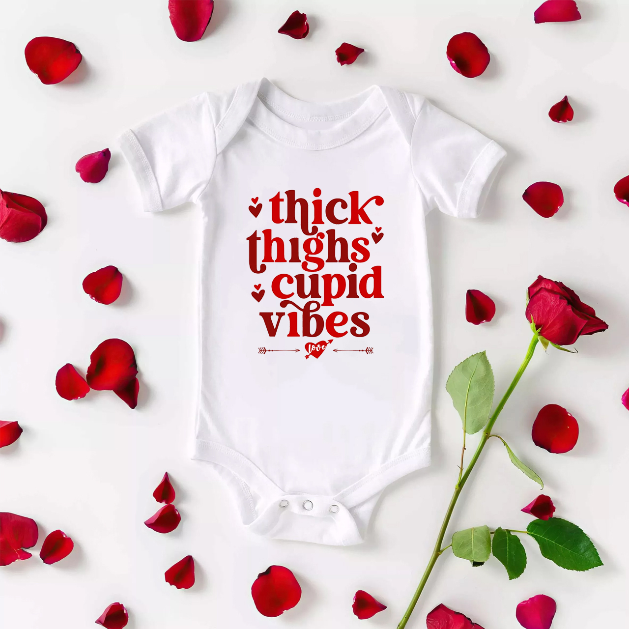 Thick Thighs Cupid Vibes Valentine Baby Bodysuit