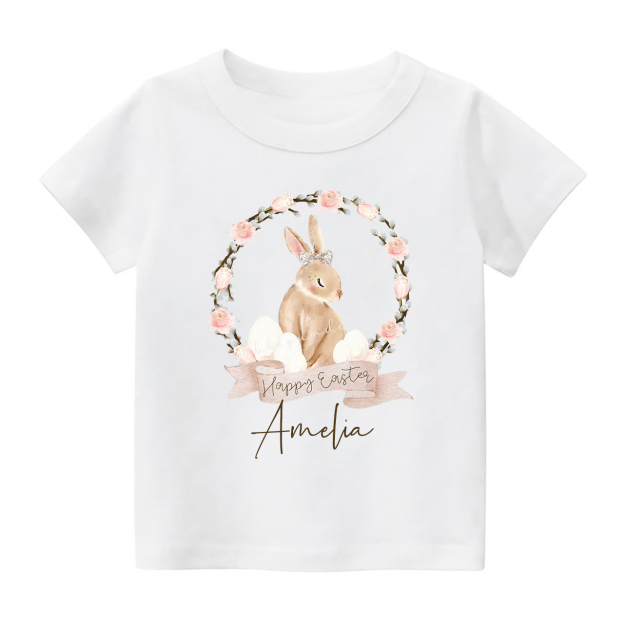 Brown Easter Bunny Floral Wreath Toddler Shirt