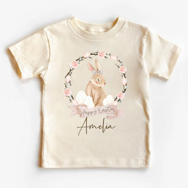 Brown Easter Bunny Floral Wreath Toddler Shirt