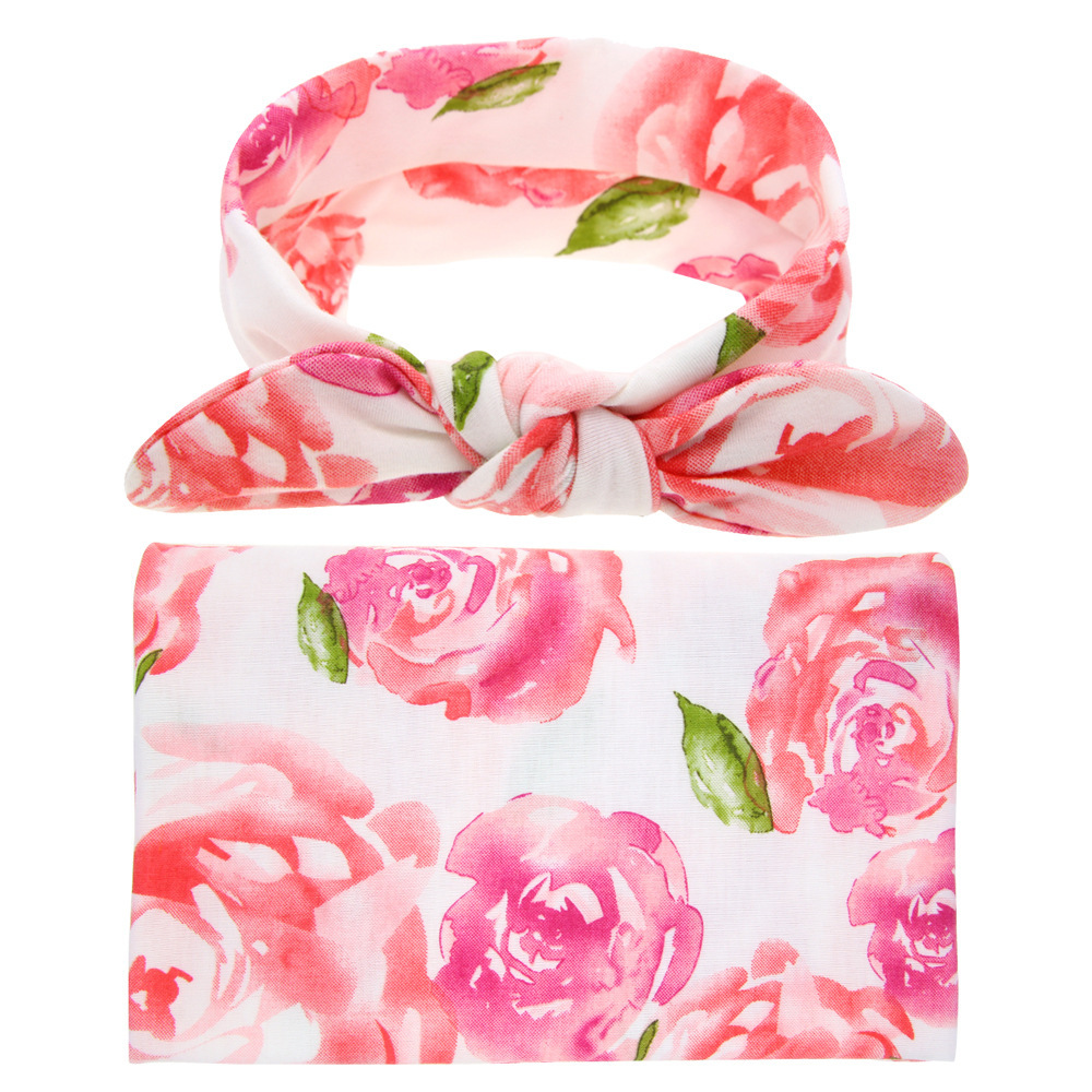 Pink Watercolor Flowers Swaddle & Headband Set