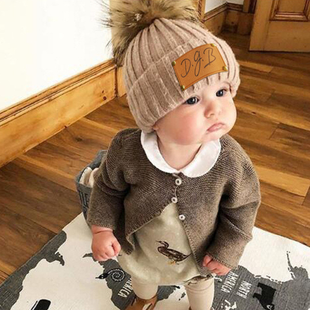 Personalized Knitted PomPom Hat(Vegan Leather Patch)