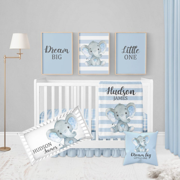 Personalized Blue Elephant Baby Boy Flannel Blanket