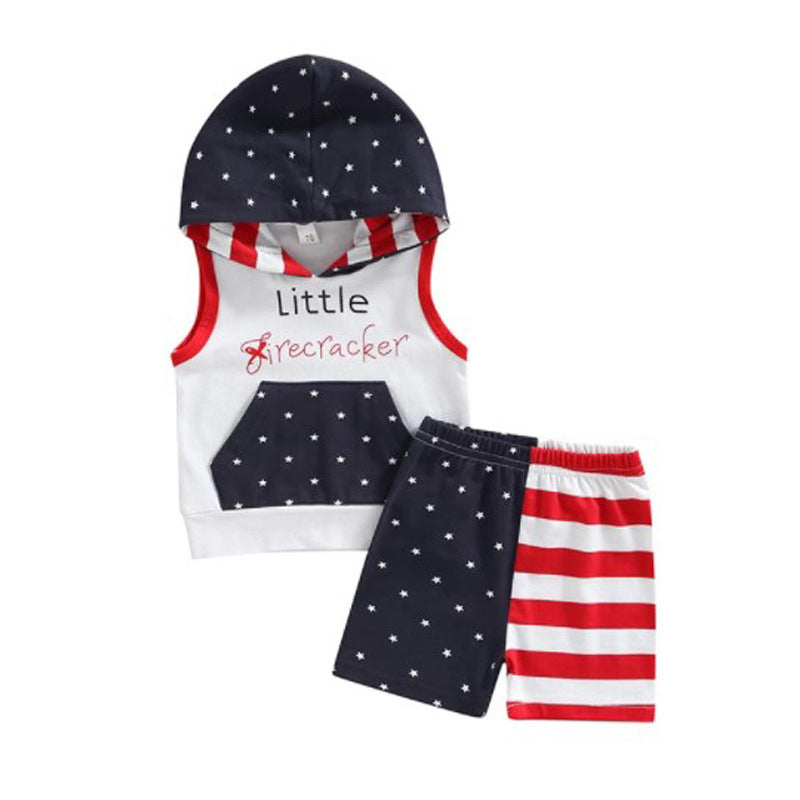 4th Of July Star Print Hooded Tank Boy Outfit Set