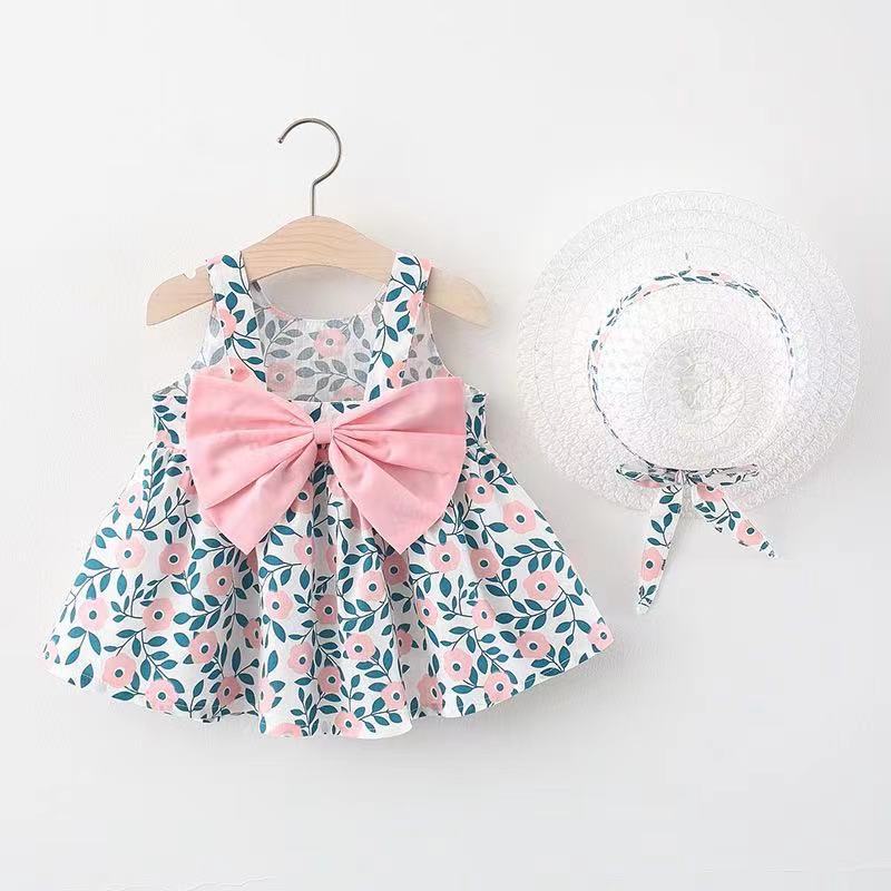 Baby Girl Bow Floral Dress with Sun Hat