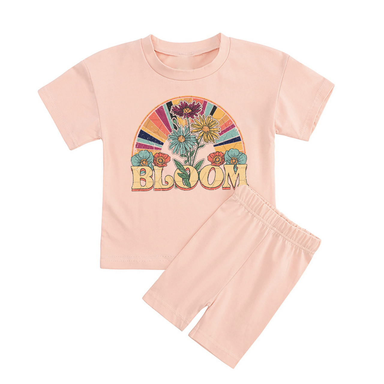 Peach Boho Bloom Kids Biker Shorts&Tee