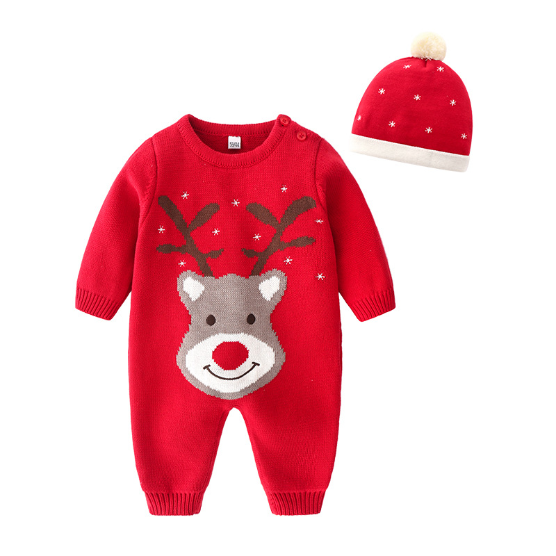 Red Deer Christmas Woolen Bodysuit Set