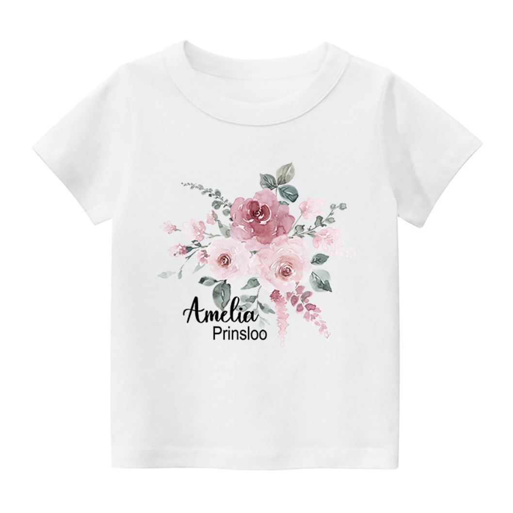 Personalized Pink Flower Cluster Kids Name T-Shirt