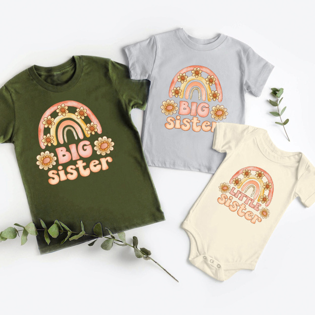 Rainbow Flower Big Sister Little Sister-Siblings Matching Tees