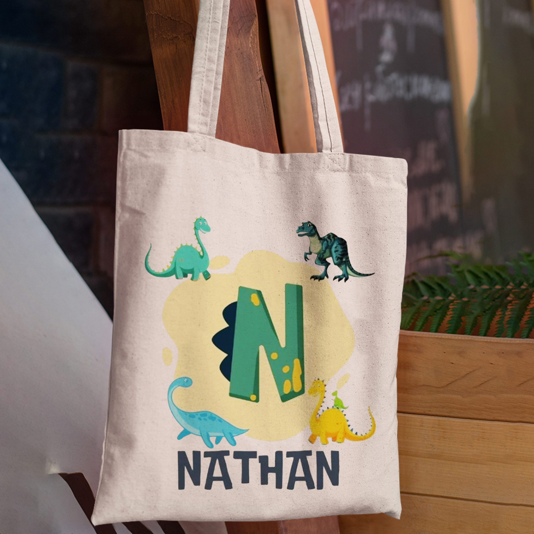 Personalized Dinosaur Kids Name School Tote Bag