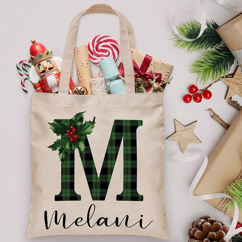 Personalized Floral Initial Canvas Tote Bag