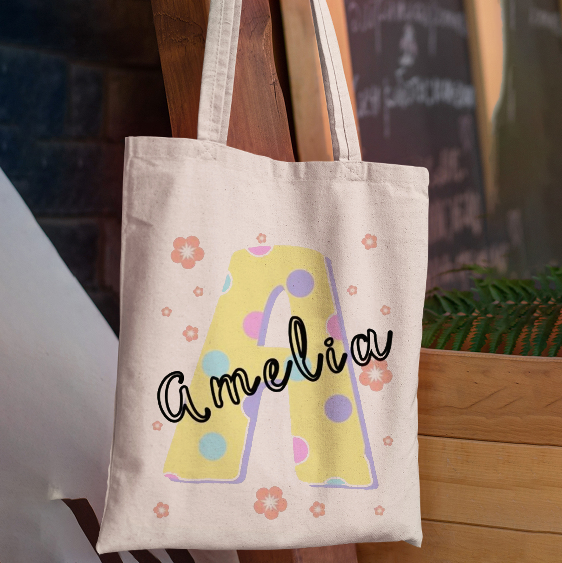 Personalized Flower Kids Name School Tote Bag