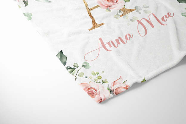 Personalized Vintage Pink Floral Baby Flannel Blanket
