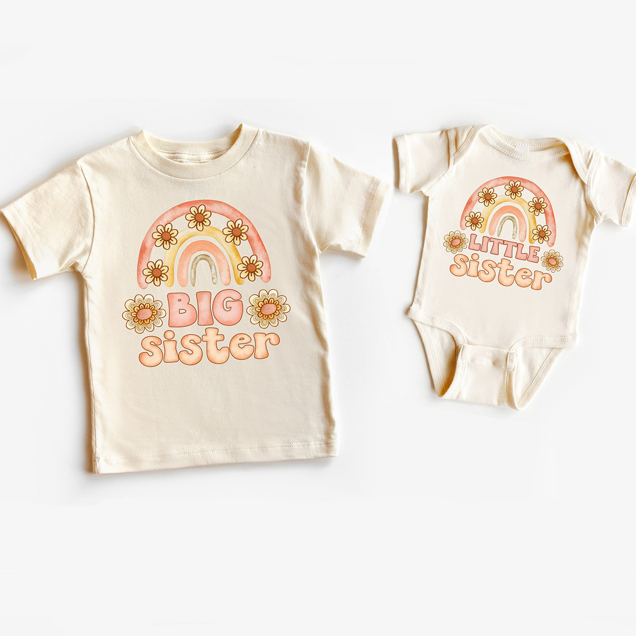 Rainbow Flower Big Sister Little Sister-Siblings Matching Tees