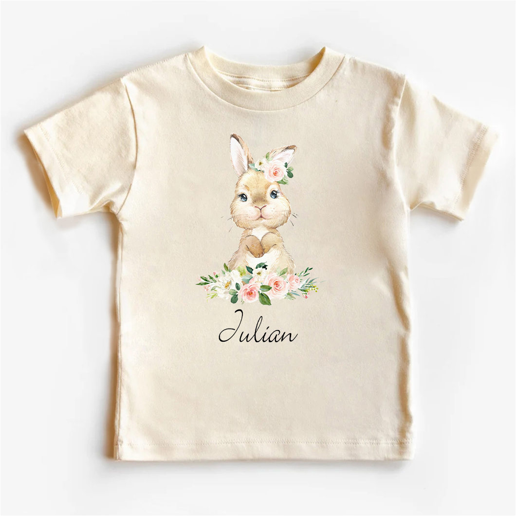 Personalized Cute Rabbit And Pink Flowers Kids T-Shirt