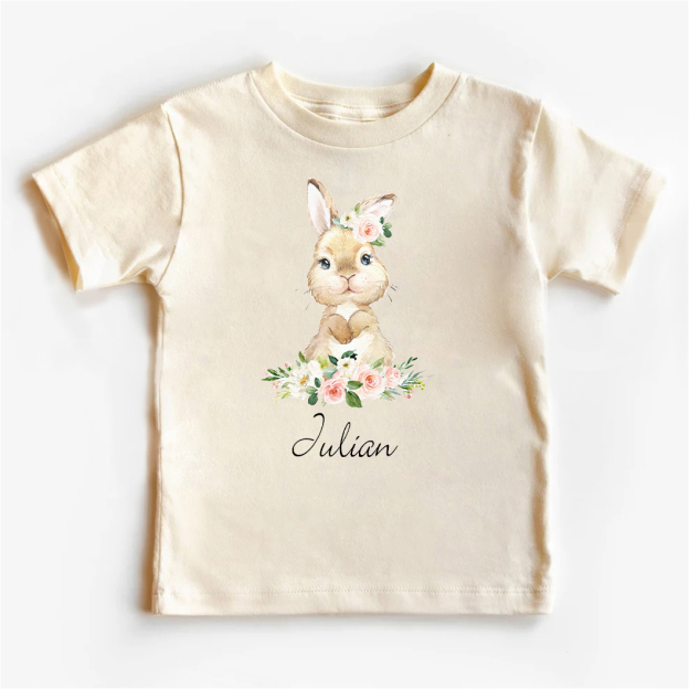 Personalized Cute Rabbit And Pink Flowers Kids T-Shirt
