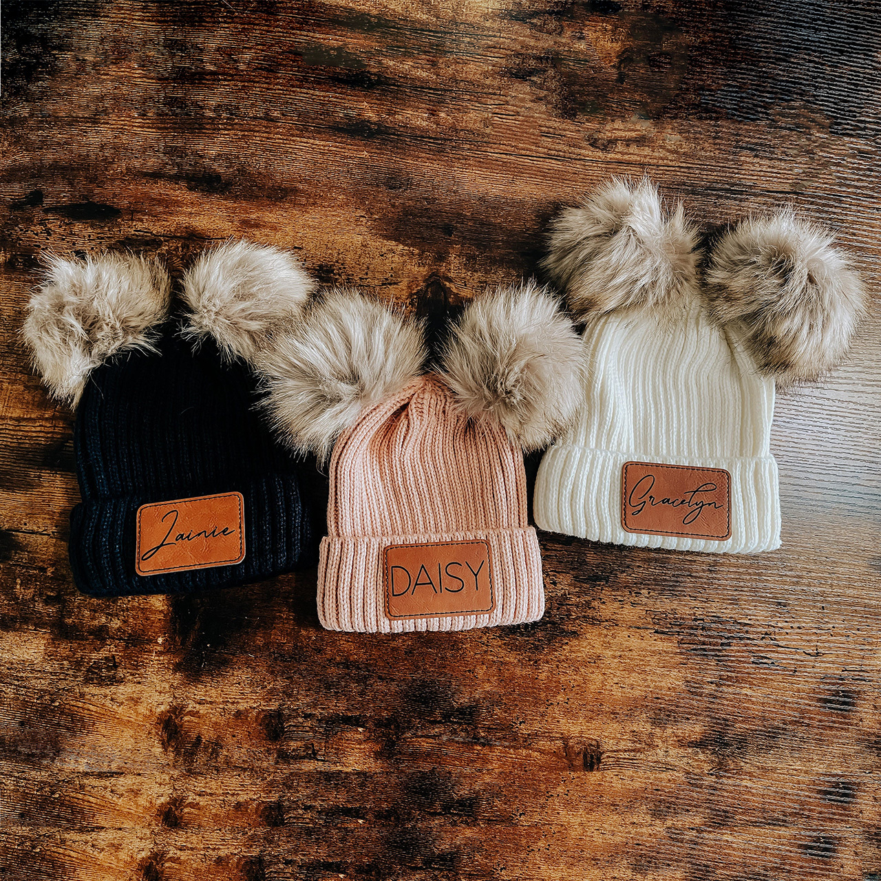 Personalized Leather Patch Double PomPom Winter Hat