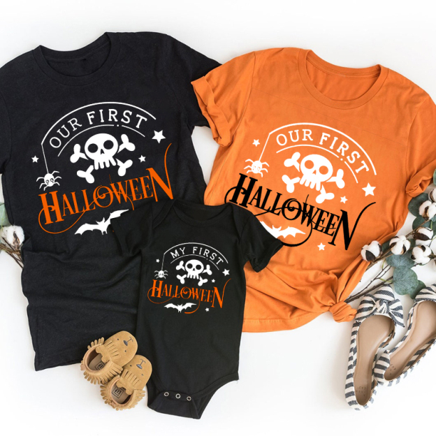 Our First Halloween Skeleton Bat Matching Family Tees