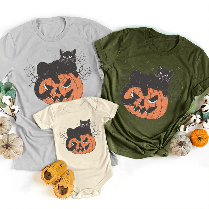 Vintage Pumpkin and Cat Halloween Matching Shirts