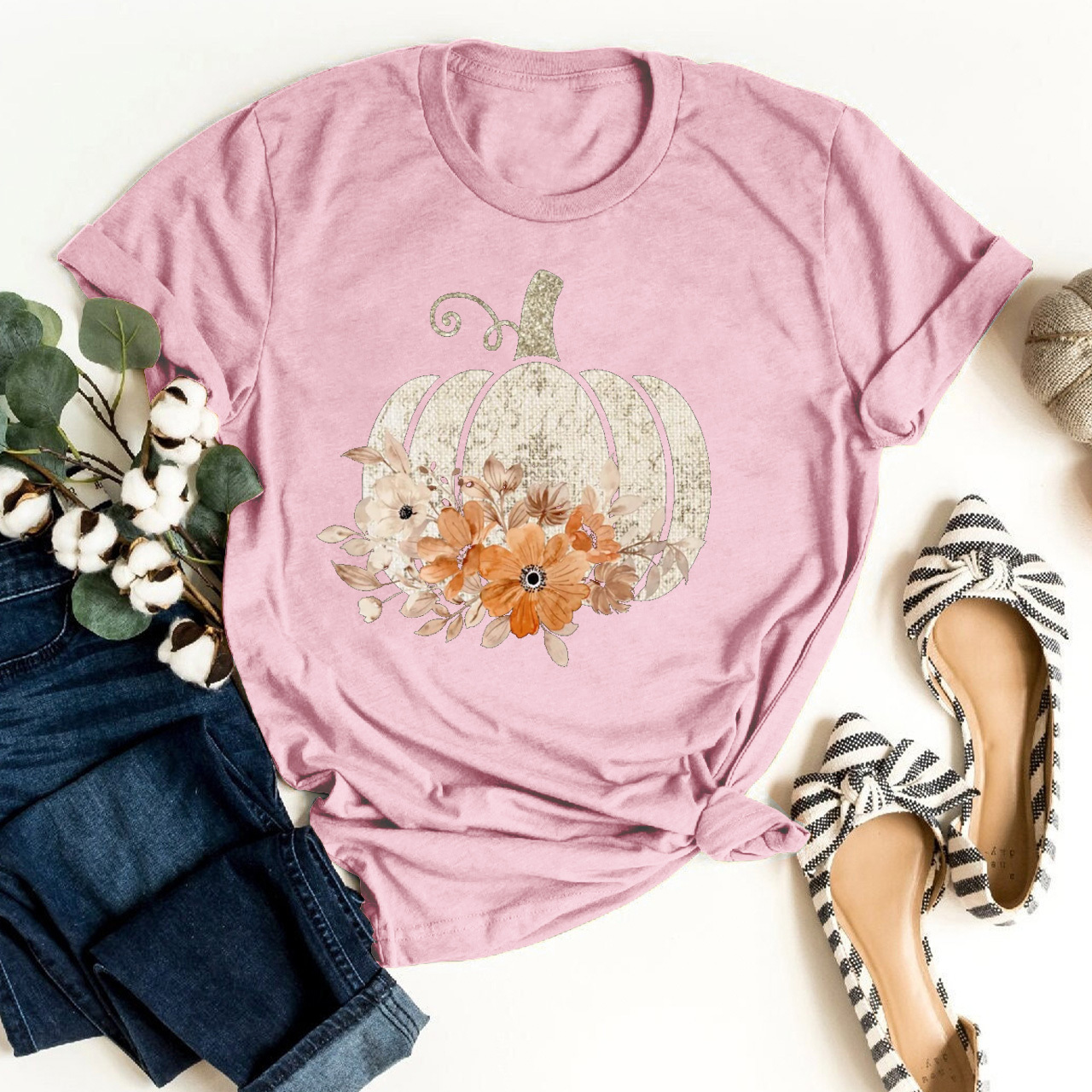 Autumn Floral Fall Pumpkin Shirt
