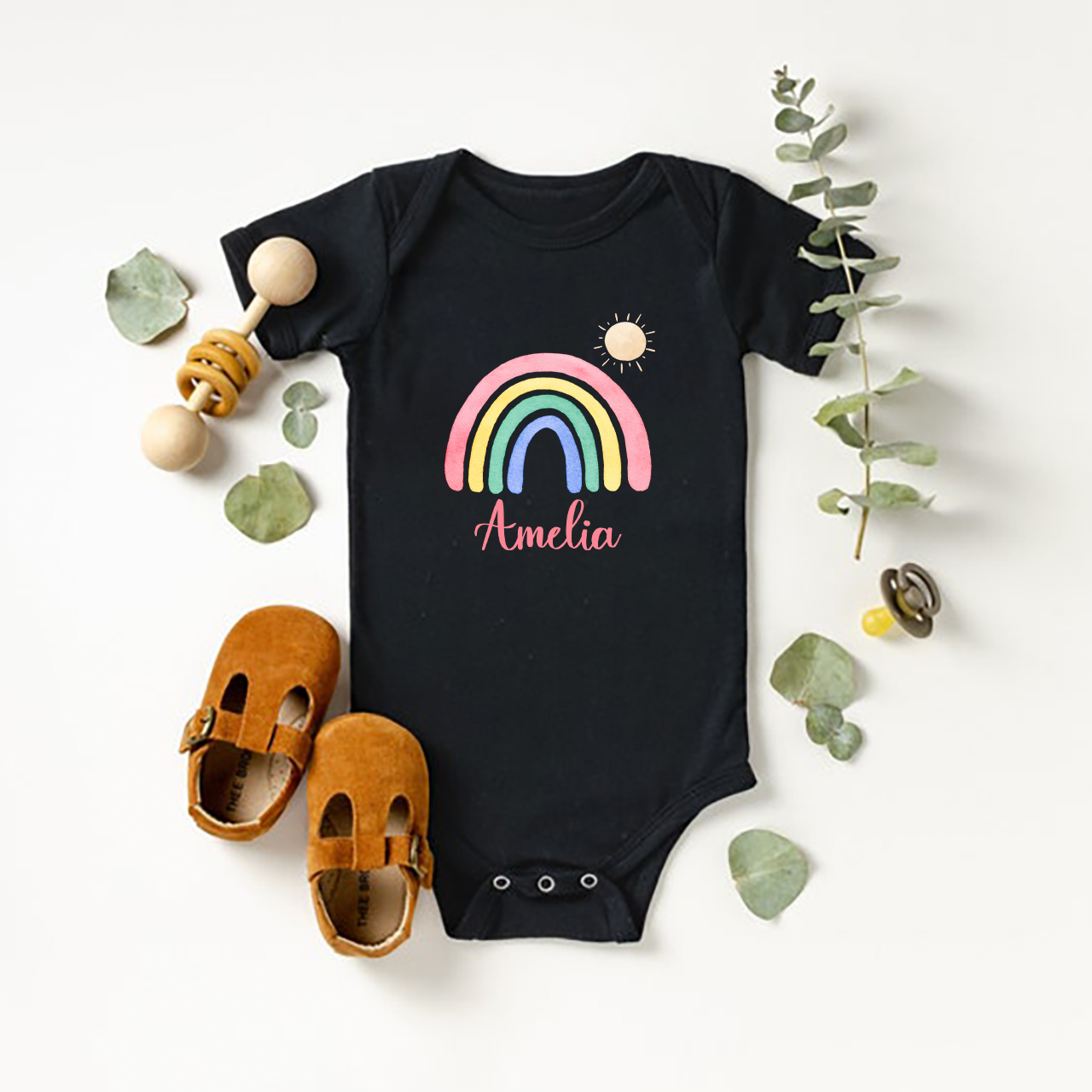 Personalized Pink Rainbow And Sun Baby Bodysuit