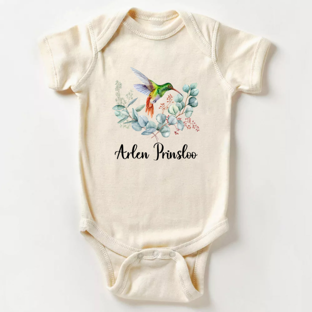 Personalized Hummingbird In The Flowers Baby Name Bodysuit