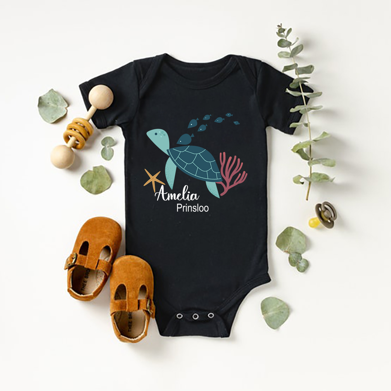 Personalized Turtle And Starfish Baby Bodysuit