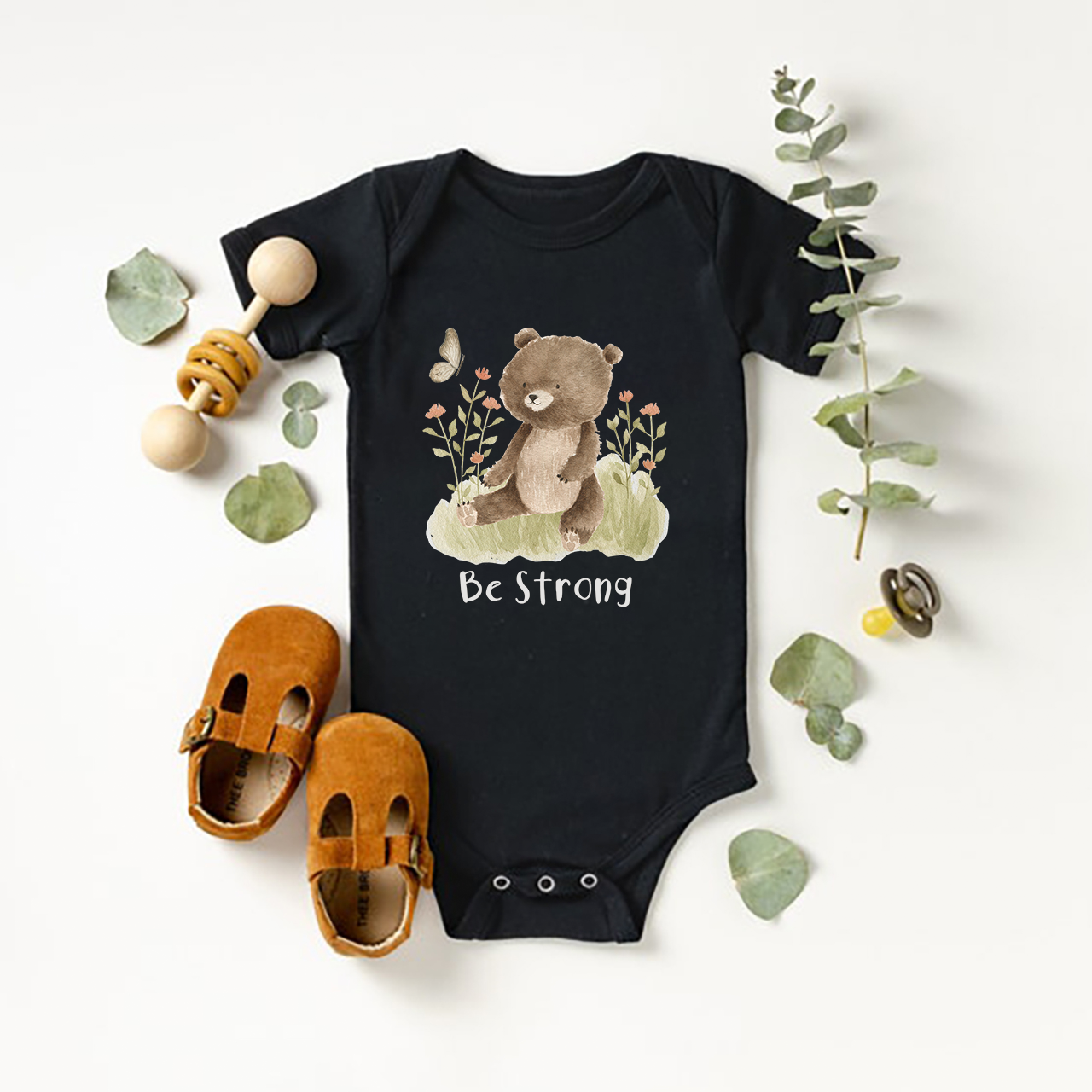 Be Strong Little Bear And Butterfly Baby Bodysuit