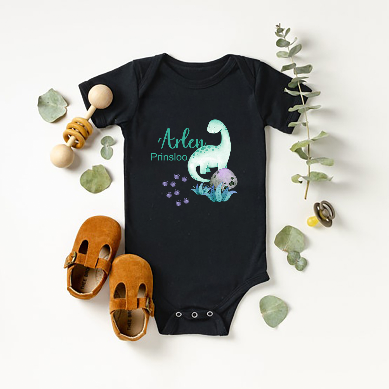Personalized Dinosaur Footprints With Baby Name Bodysuit