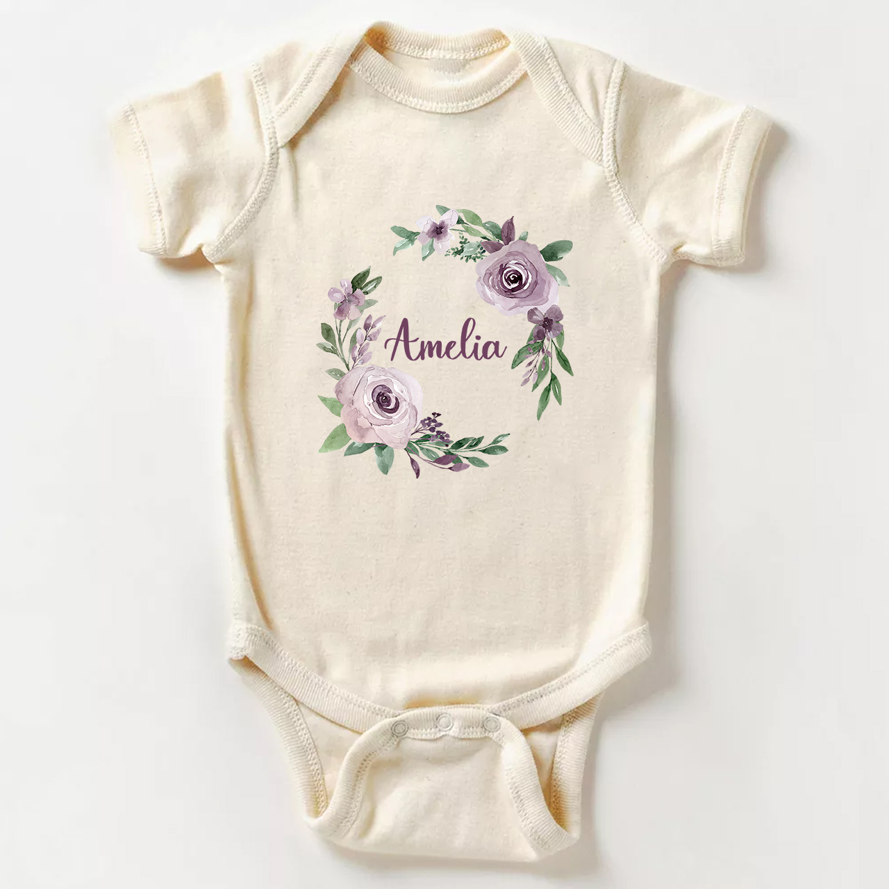 Personalized Light Purple Wreath Baby Bodysuit