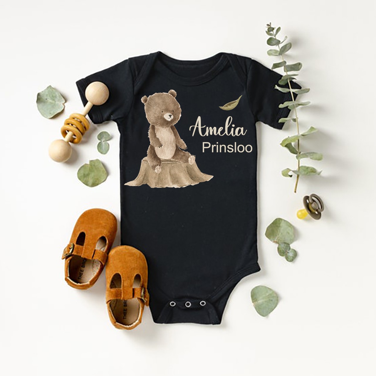 Personalized Bear Cub Sitting On Tree Stump Baby Bodysuit