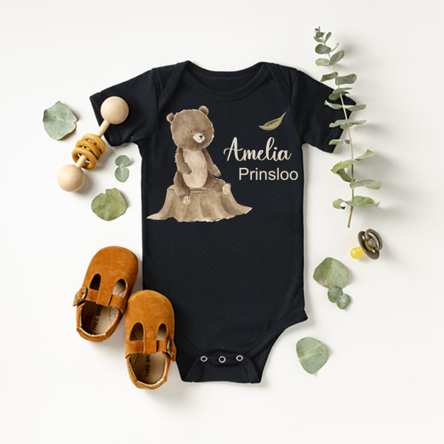 Personalized Bear Cub Sitting On Tree Stump Baby Bodysuit