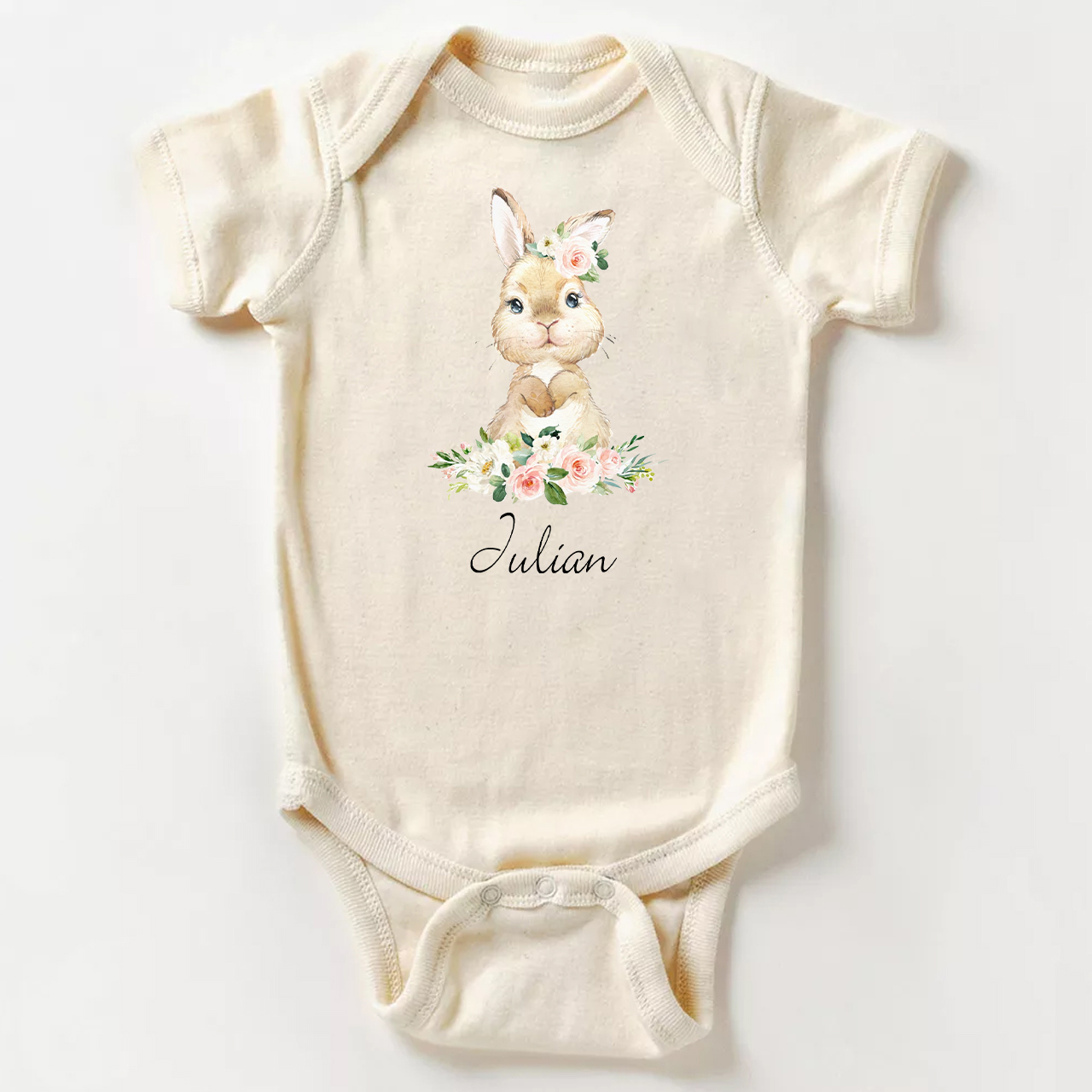 Personalized Cute Rabbit And Pink Flowers Baby Bodysuit