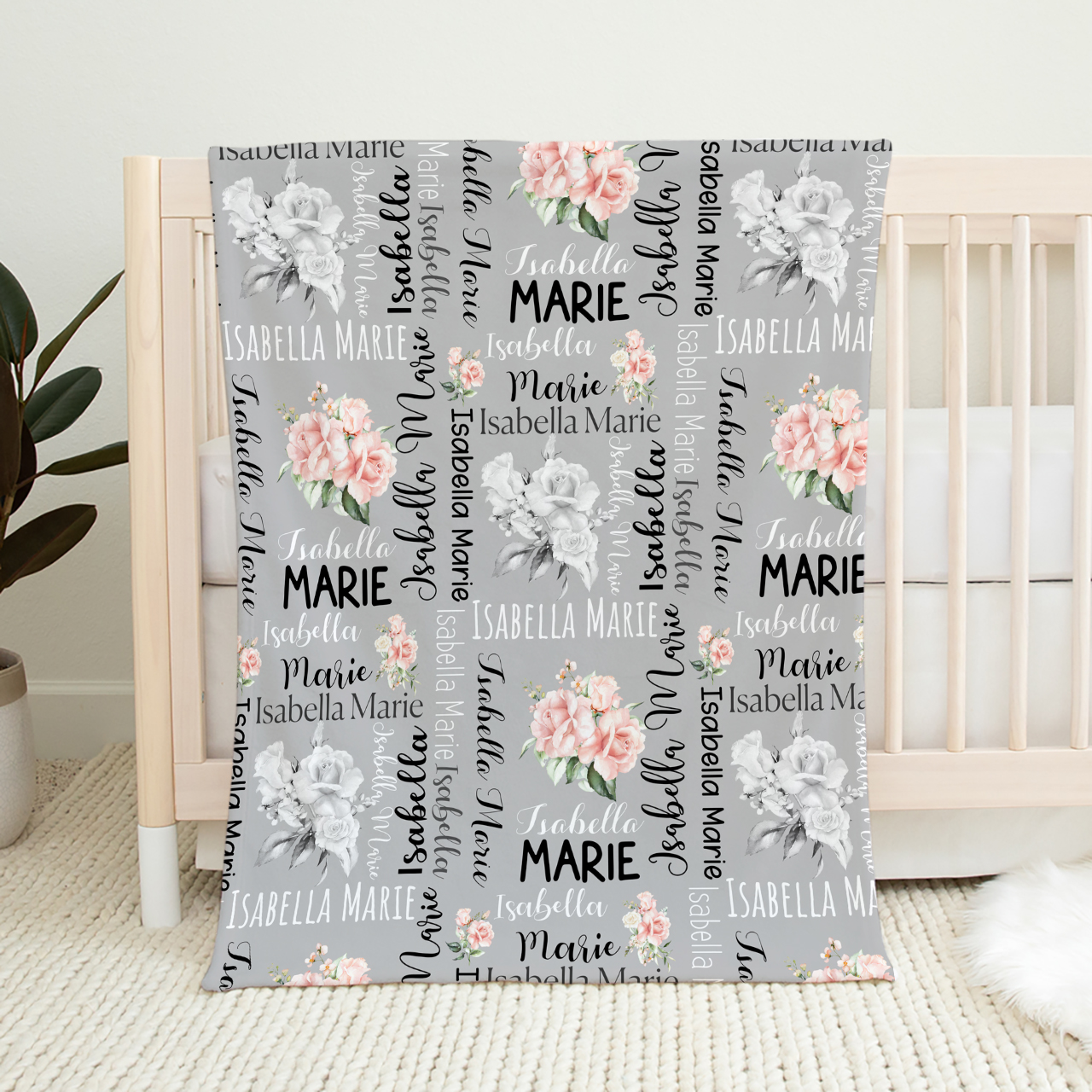 White & Pink Flowers Personalized Baby Flannel Blanket