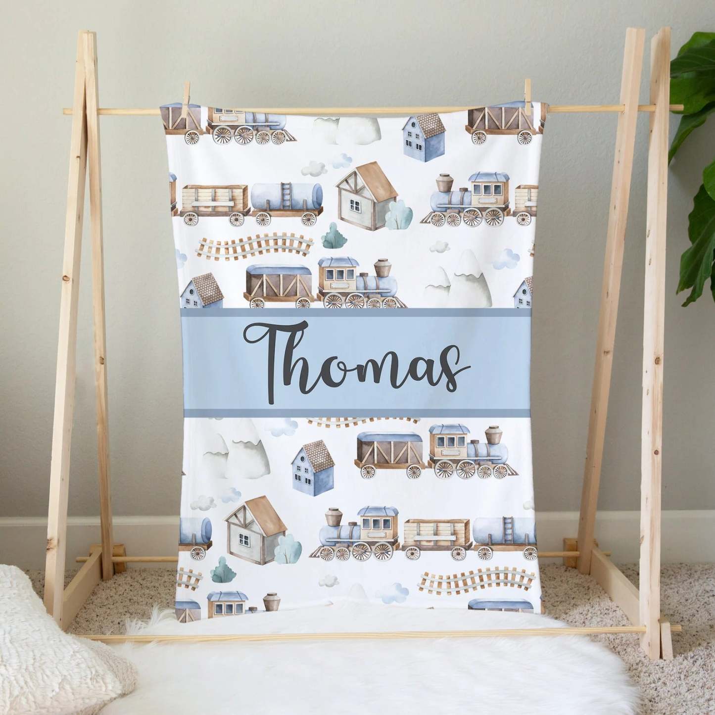Personalized Train Travel Baby Flannel Blanket